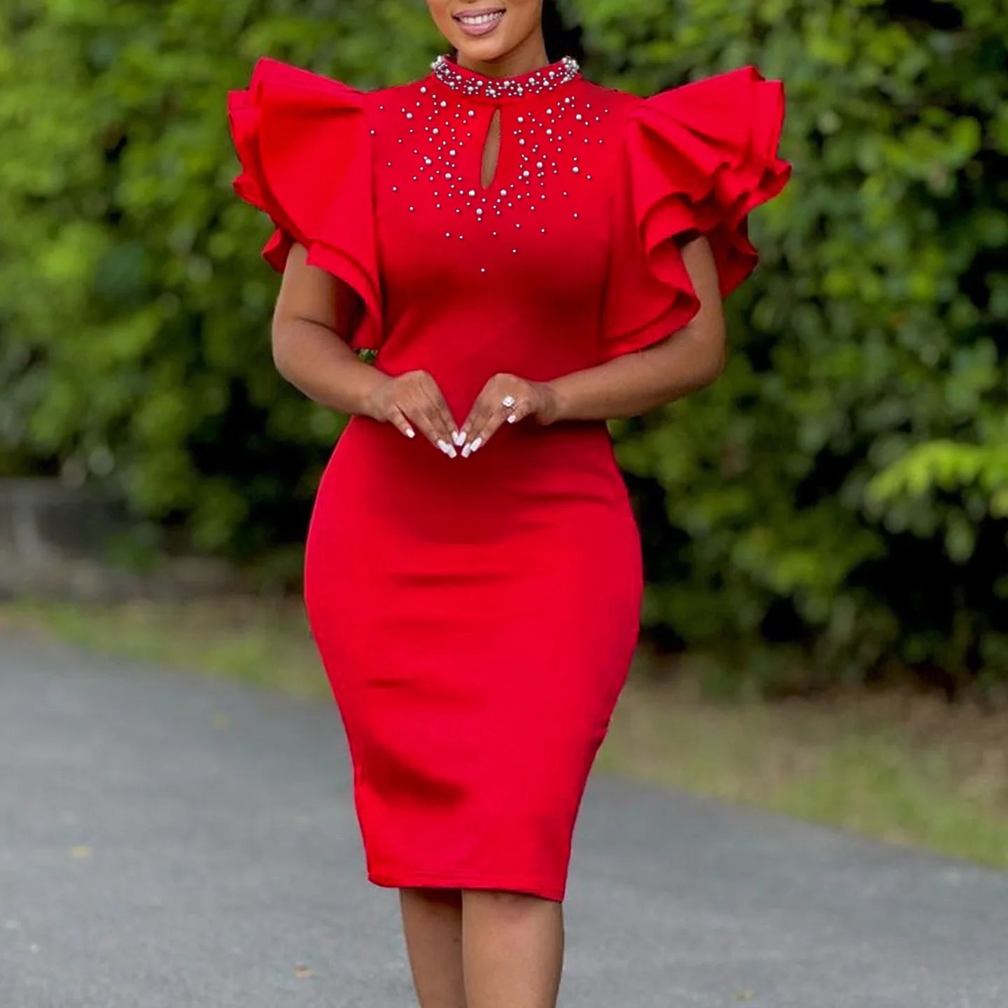 Abito Elegante Donna – Bodycon Midi Maniche a Volant con Perline Luxury