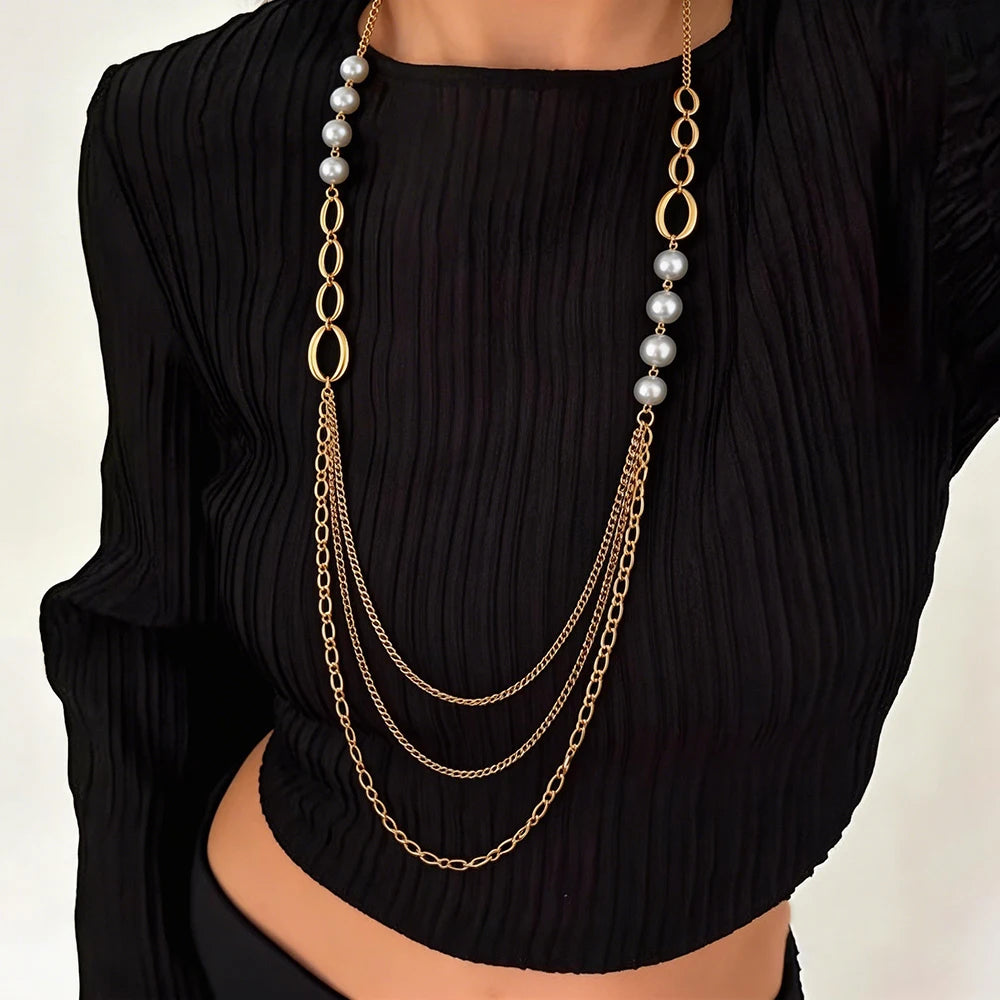 Multi-Layer Pearl Chain Necklace Long Tassel Pendant Elegant Statement Jewelry For Women Party Trendy Gift ﻿
