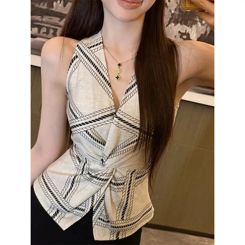Linen Blazer for Women in Summer, with Elegant and Sophisticated Style, with A Twisted V-neck, Worn Over A Sleeveless Top.