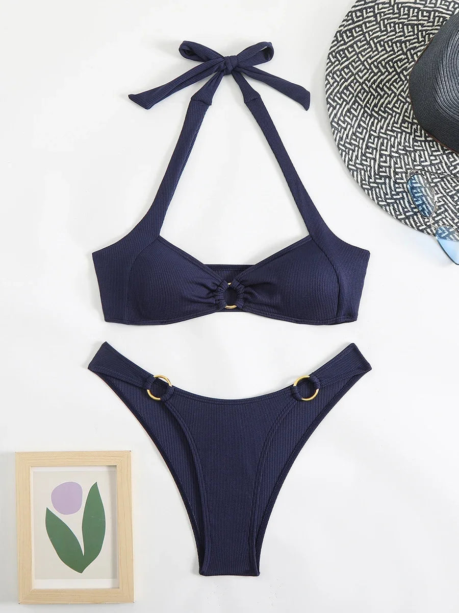 Bikini Donna Collo Americana | Dettaglio Anello Imbottito | 4 Colori S-L | uGlam