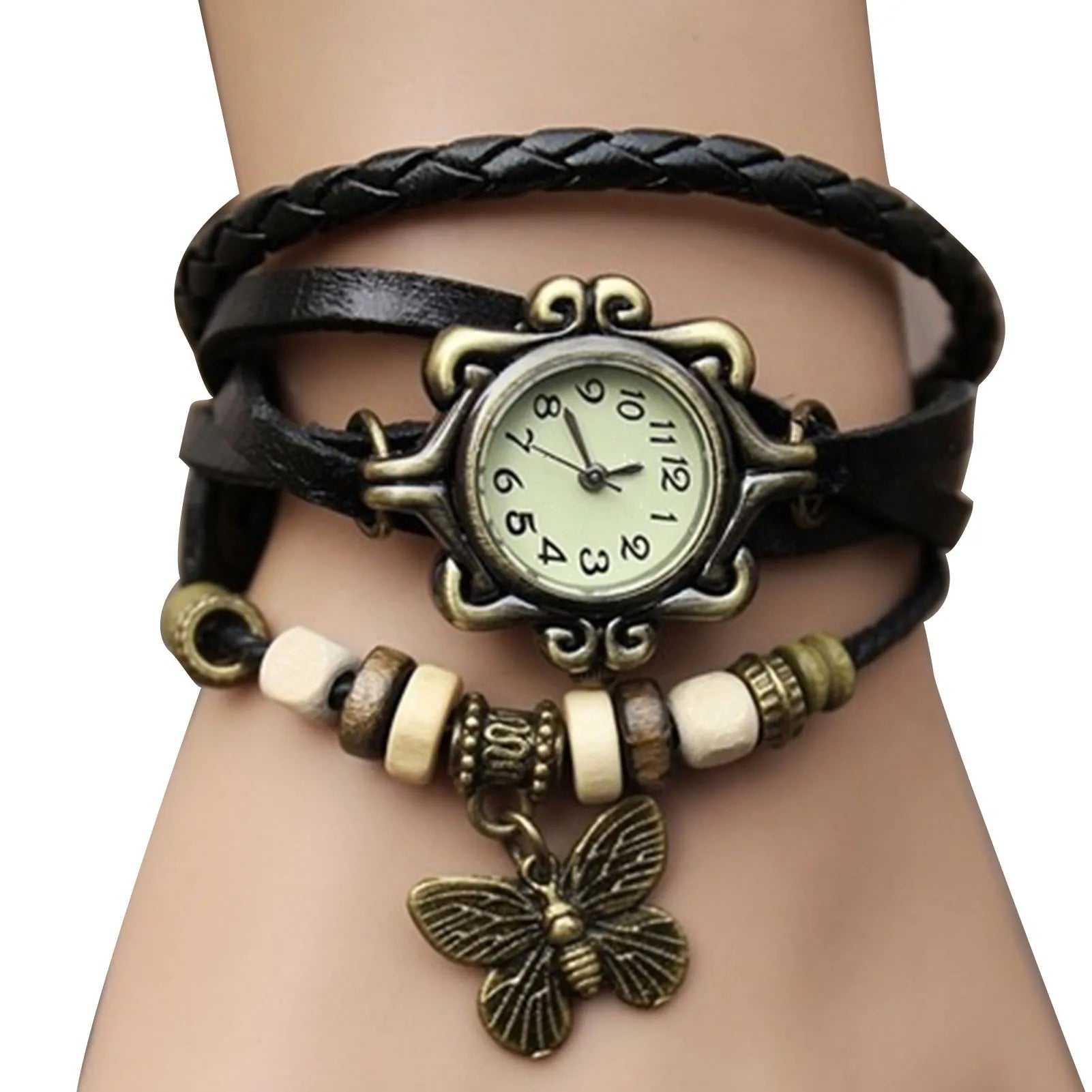 Orologio Donna Vintage Bracciale con Farfalla — Cinturino in Pelle | Quarzo