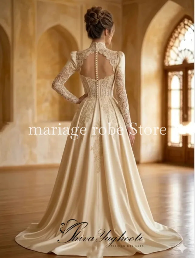 Champagne Arabic Muslim Evening Suit Gown With Overskirt Lace Stain Boning Top Long Sleeve Bespoke Prom Dress Jumpsuit Customize