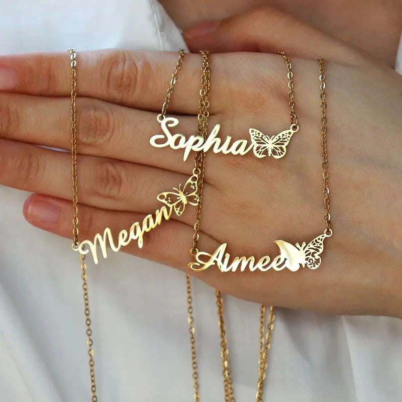 Custom Butterfly Pendant Necklace Handwritten Style Gold Silver Stainless Steel Unisex Accessory for Women Men Anniversary