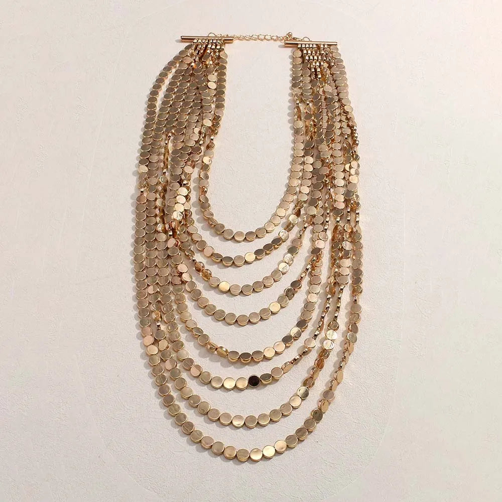 Layered Gold Color Choker Necklace for Women Multi-Strand Coin Chain Statement Necklace Fashion Boho Jewelry