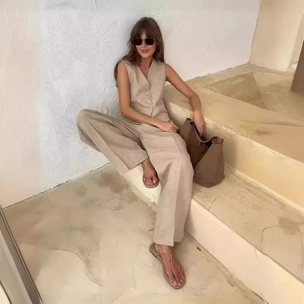 2025 New Women Linen Cotton Chic Vest ＆ Pants Suit Two-Piece Set Office Ladies Summer Chic 2 Piece Sets Women's Outfits