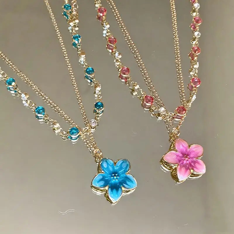 Layered Necklace Flower Pendant Gold Plated Colorful Crystal Chain Choker Y2K Aesthetic Jewelry For Women Gift
