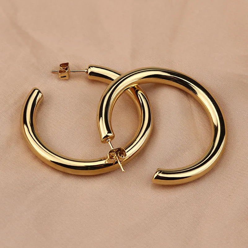 Oversize Gold Plated Hoop Earring Simple Thick Round Circle Stainless Steel Earrings for Women Punk Hiphop Jewelry Brincos 2022