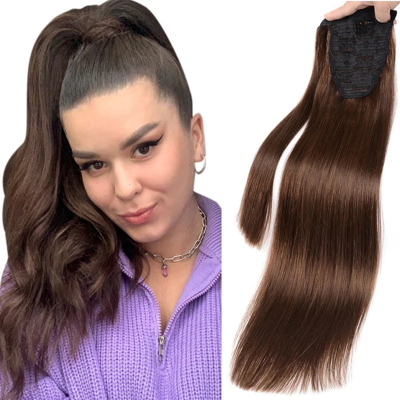 Chocolate Brown Human Hair Ponytail Real Natural Hair Clip In Ponytail Human Hair High Ponytails #2 Dark Brown 14-22 Inch