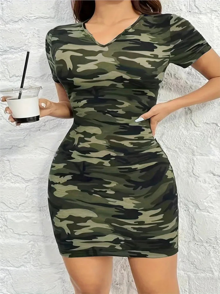 Women's Bodycon Dress Summer Fashion Sexy New Casual Camouflage Short-sleeve V-neck Slim Mini Dresses For Women Vintage Vestidos