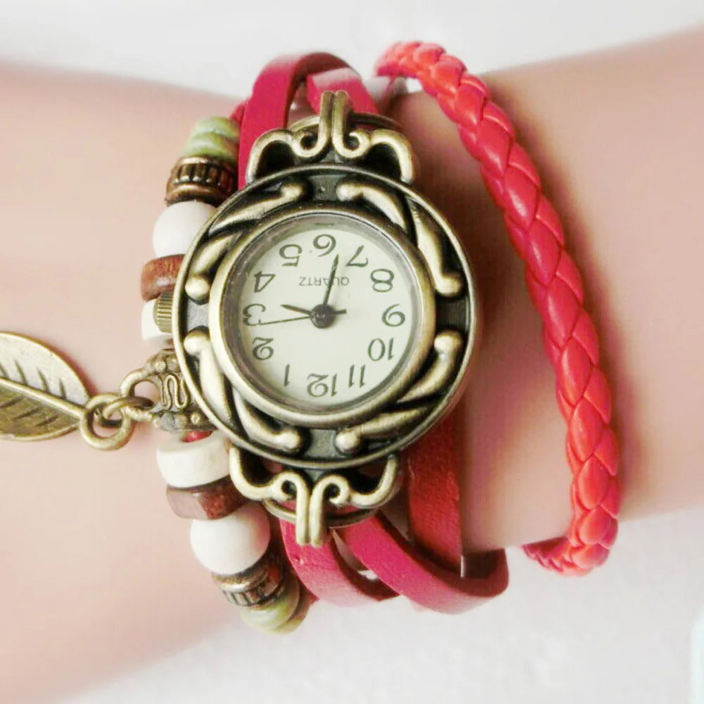 Orologio Bracciale Donna Vintage | Pelle Avvolta Ciondolo Foglia | 6 Colori | uGlam