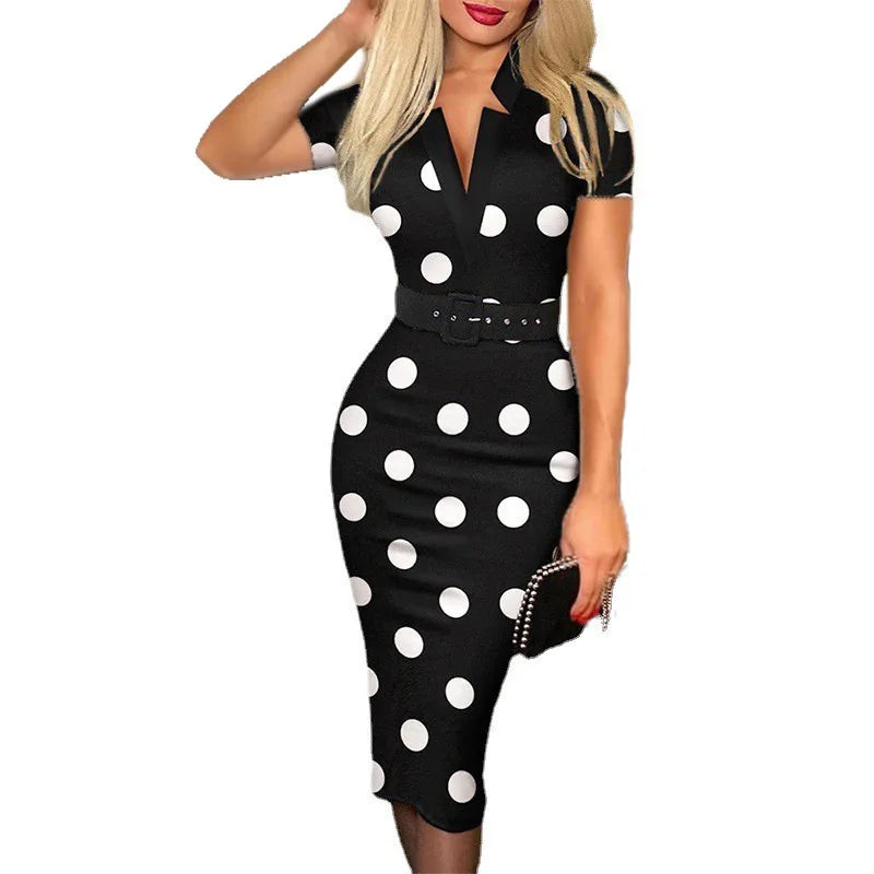 Abito Bodycon Donna – Stampa a Pois Manica Lunga Vita Alta con Cintura Elegante