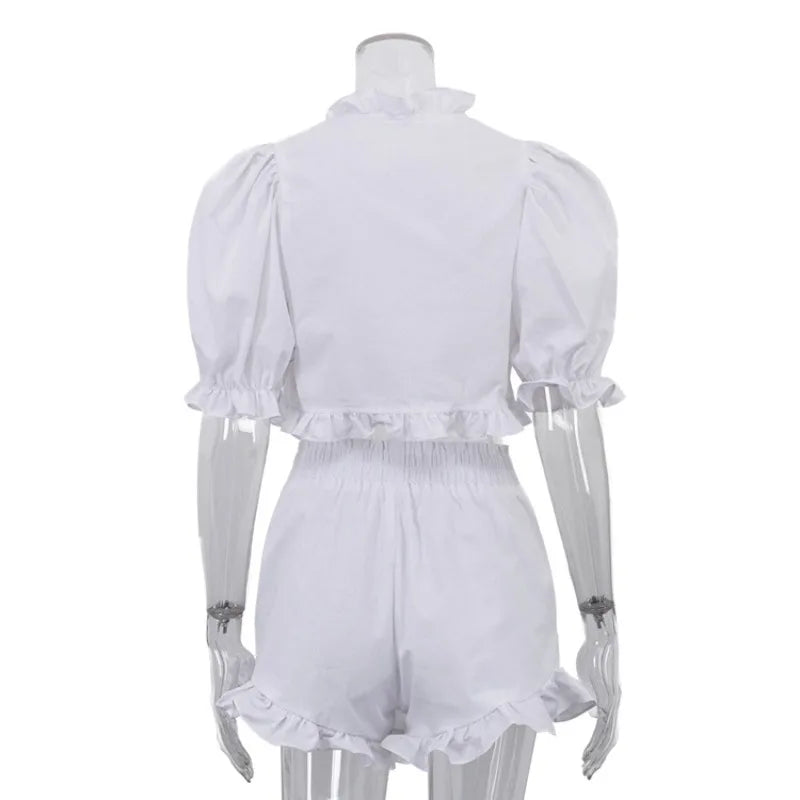 Women's Summer Linen 2 Piece Outfit Ruffle Puff Sleeve Crop Top + High Waist Elastic Waist Ruffle Shorts Set for Casual Vacation