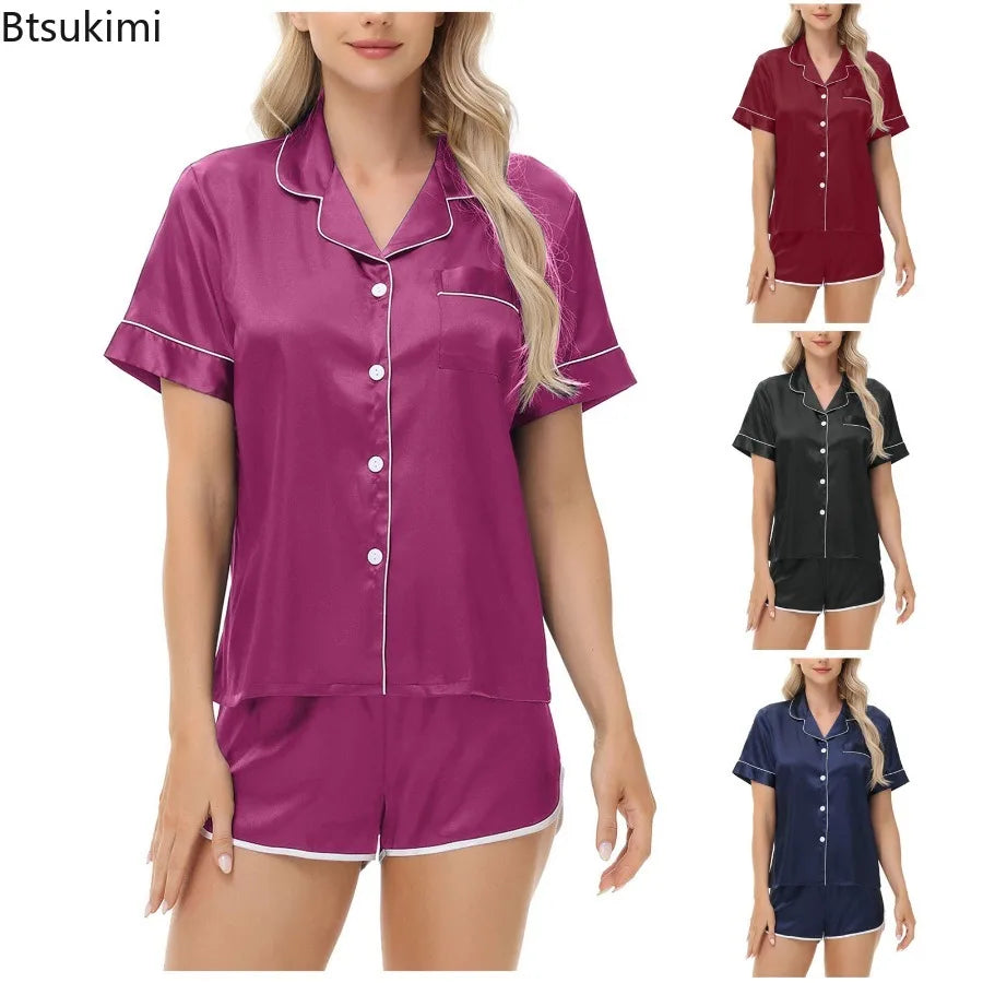 Women's Silk Satin Pajama Sets Two-piece Pj Sets Sleepwear Loungewear Button-Down Pajama Women 2PCS Pijama Homewear Shorts Set