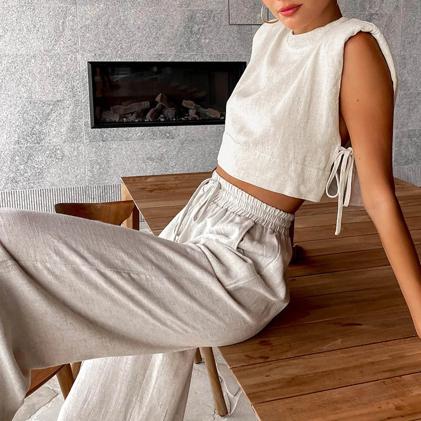 Completo Due Pezzi in Lino Donna – Crop Top e Pantaloni Vita Alta Vacanza