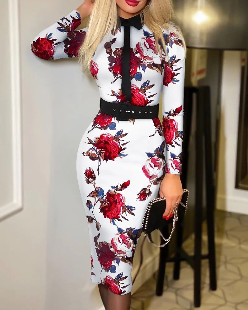 Abito Bodycon Donna – Stampa a Pois Manica Lunga Vita Alta con Cintura Elegante