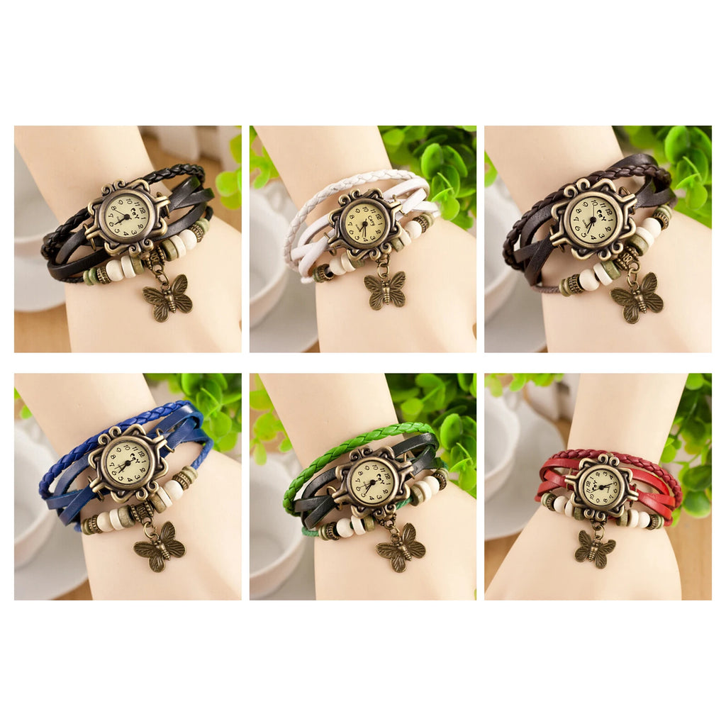 Orologio Donna Vintage Bracciale con Farfalla — Cinturino in Pelle | Quarzo