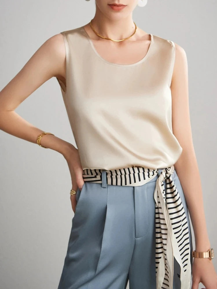 Summer Satin Mulberry Silk Sleeveless Tank Top Champagne Casual Versatile Elegant Vest Loose Fit Women's Fashion 2026