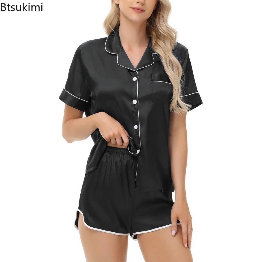 Women's Silk Satin Pajama Sets Two-piece Pj Sets Sleepwear Loungewear Button-Down Pajama Women 2PCS Pijama Homewear Shorts Set