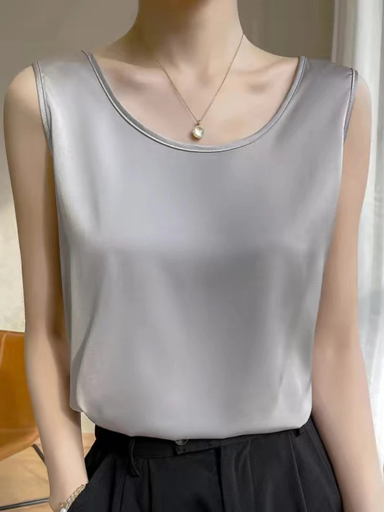 Top Donna Senza Maniche Raso Seta | Canotta Elegante Versatile | 28 Colori | uGlam