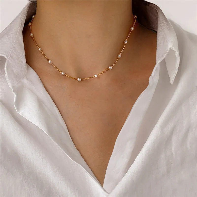 Choker Necklace for Women Double Layer Beads Necklace Gift for Friend Silver Color Geometric Necklace  Wholesale Collar Jewelry