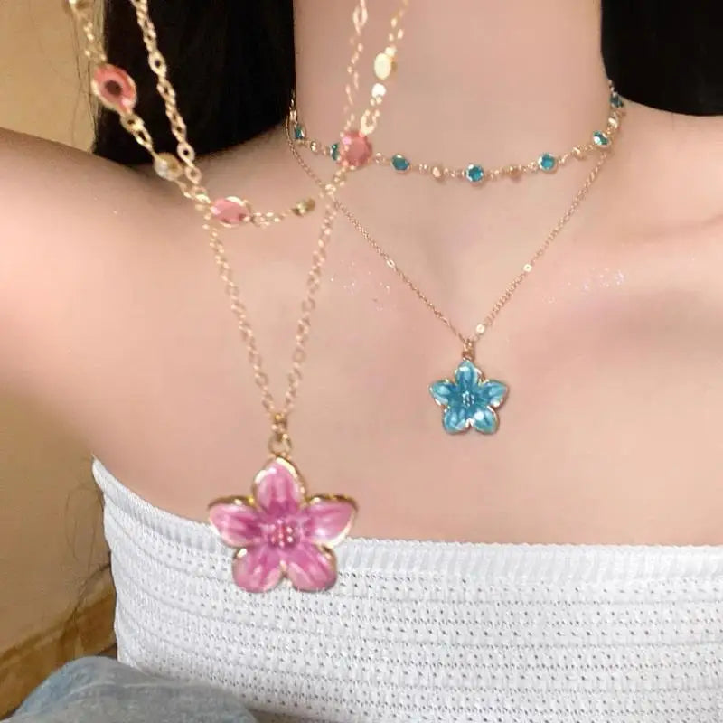 Layered Necklace Flower Pendant Gold Plated Colorful Crystal Chain Choker Y2K Aesthetic Jewelry For Women Gift