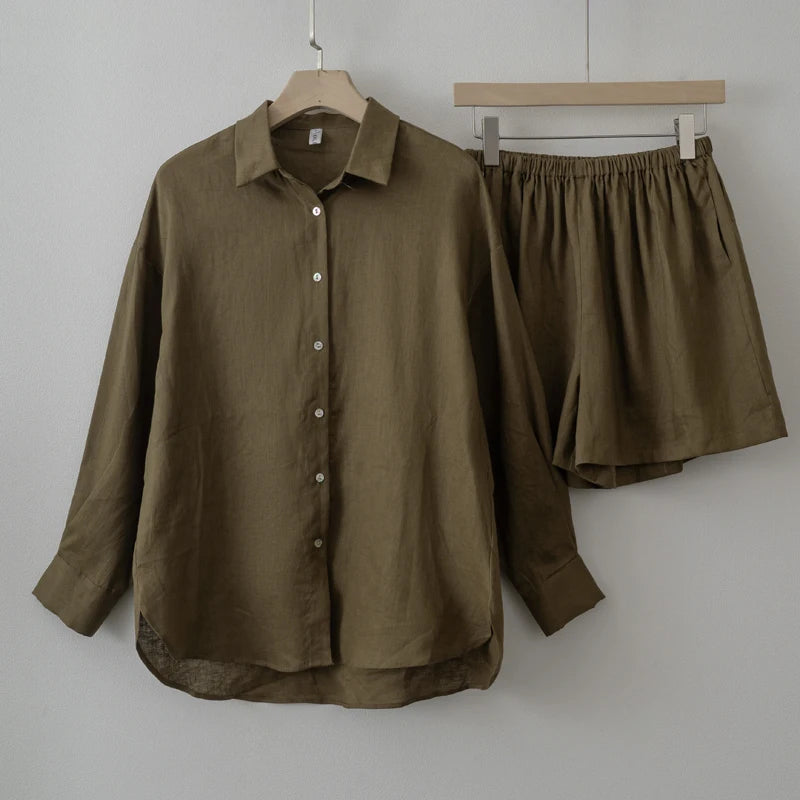 Set Due Pezzi Donna in Lino – Blusa e Shorts Casual Estivo