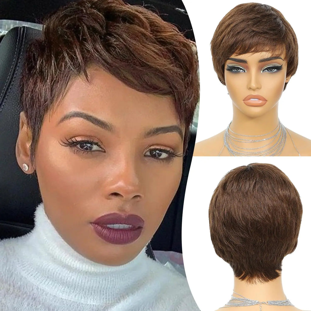 Short Brown Wig Human Hair #4  Chocolate Brown Human Hair Wigs for Women Boy Cut Cheap Duby Wig with Bangs Machine Made Wigs