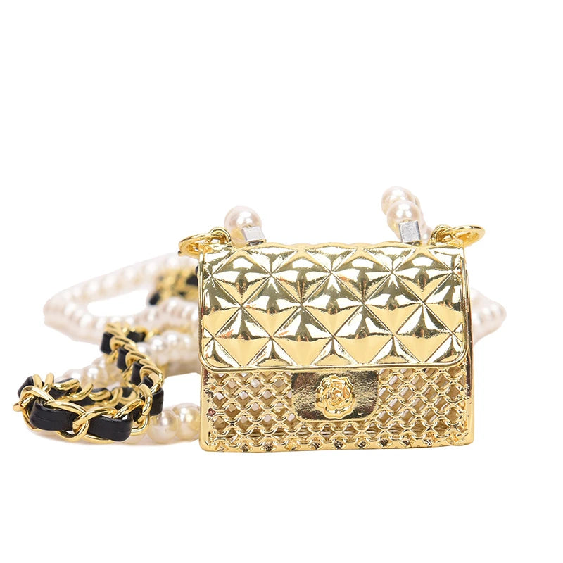 Mini Box Bag Donna Metallica con Catena di Perle – Borsa a Spalla Silver e Gold