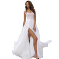 Abito da Sera in Chiffon con Pizzo e Scollo a V – Linea A, Spacco, Boho Beach