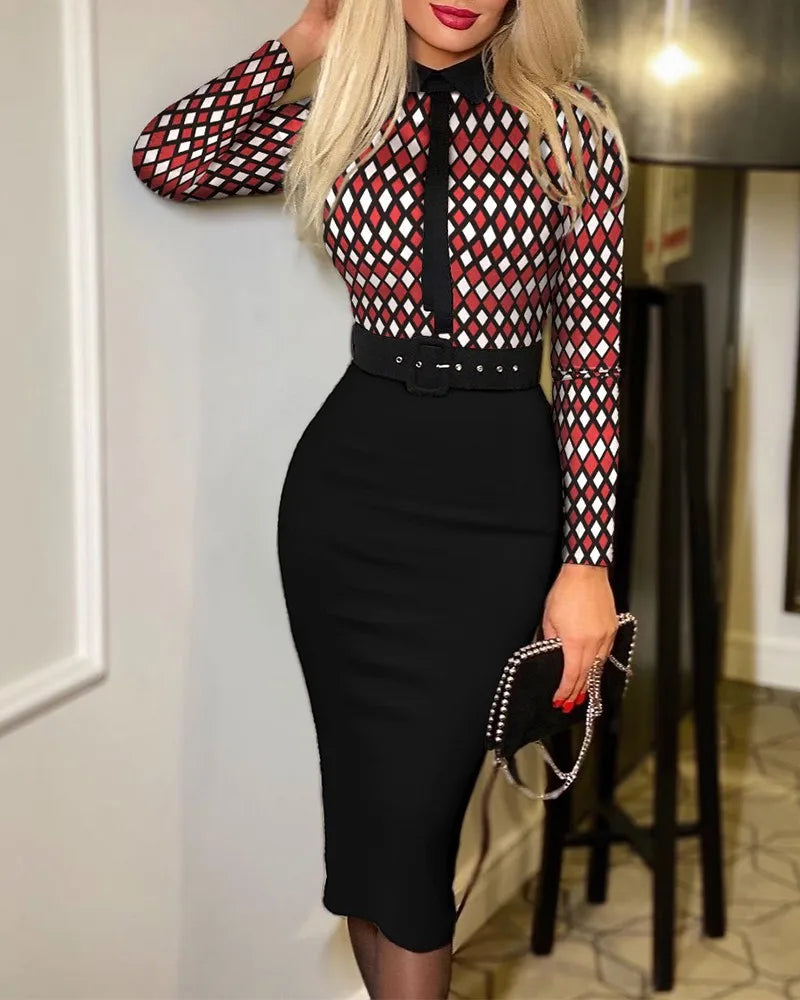 Abito Bodycon Donna – Stampa a Pois Manica Lunga Vita Alta con Cintura Elegante