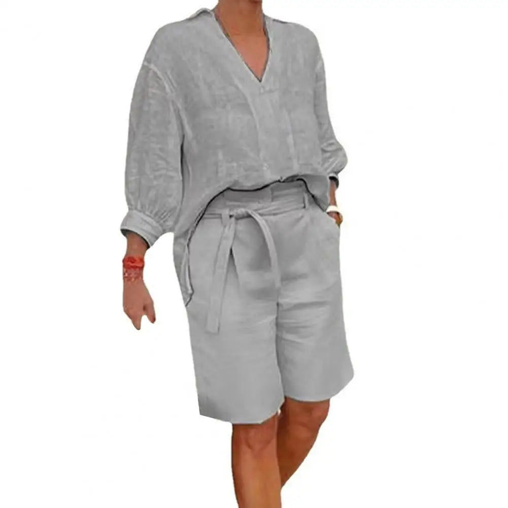 Set Due Pezzi Donna in Cotone Lino – Camicia Scollo V e Shorts Gamba Ampia con Cintura