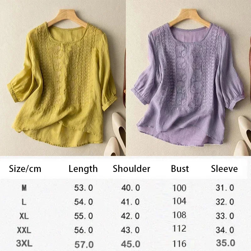 Summer Women's linen Blouse Retro O-neck Embroidered Half Sleeve  Loose Casual Ruched Cotton Linen Shirts Tops 2025 New