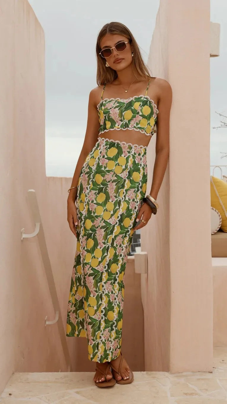2025 Summer Beach Vacation Women's Linen Dress Set Fashionable Printed Sexy Halter Top Personalized Lace Slit Skirt Leisure Set