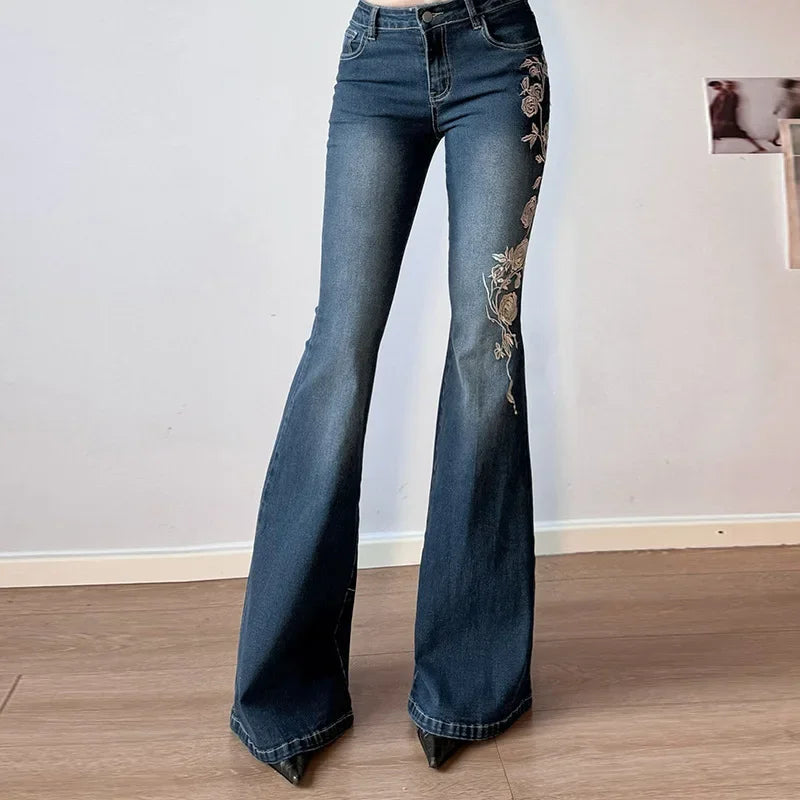 Jeans Flare Y2K Ricami Floreali – uGlam