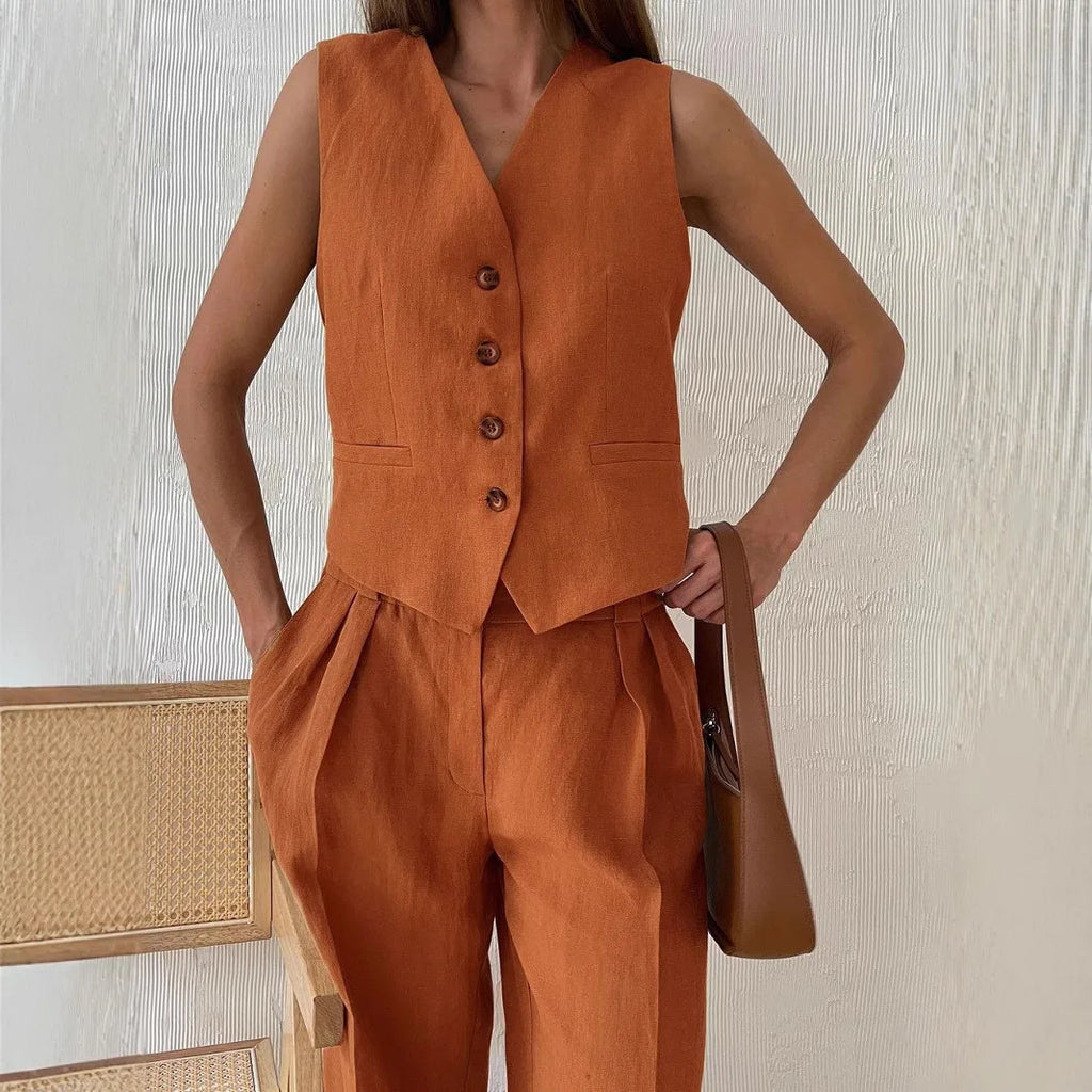 2025 New Women Linen Cotton Chic Vest ＆ Pants Suit Two-Piece Set Office Ladies Summer Chic 2 Piece Sets Women's Outfits