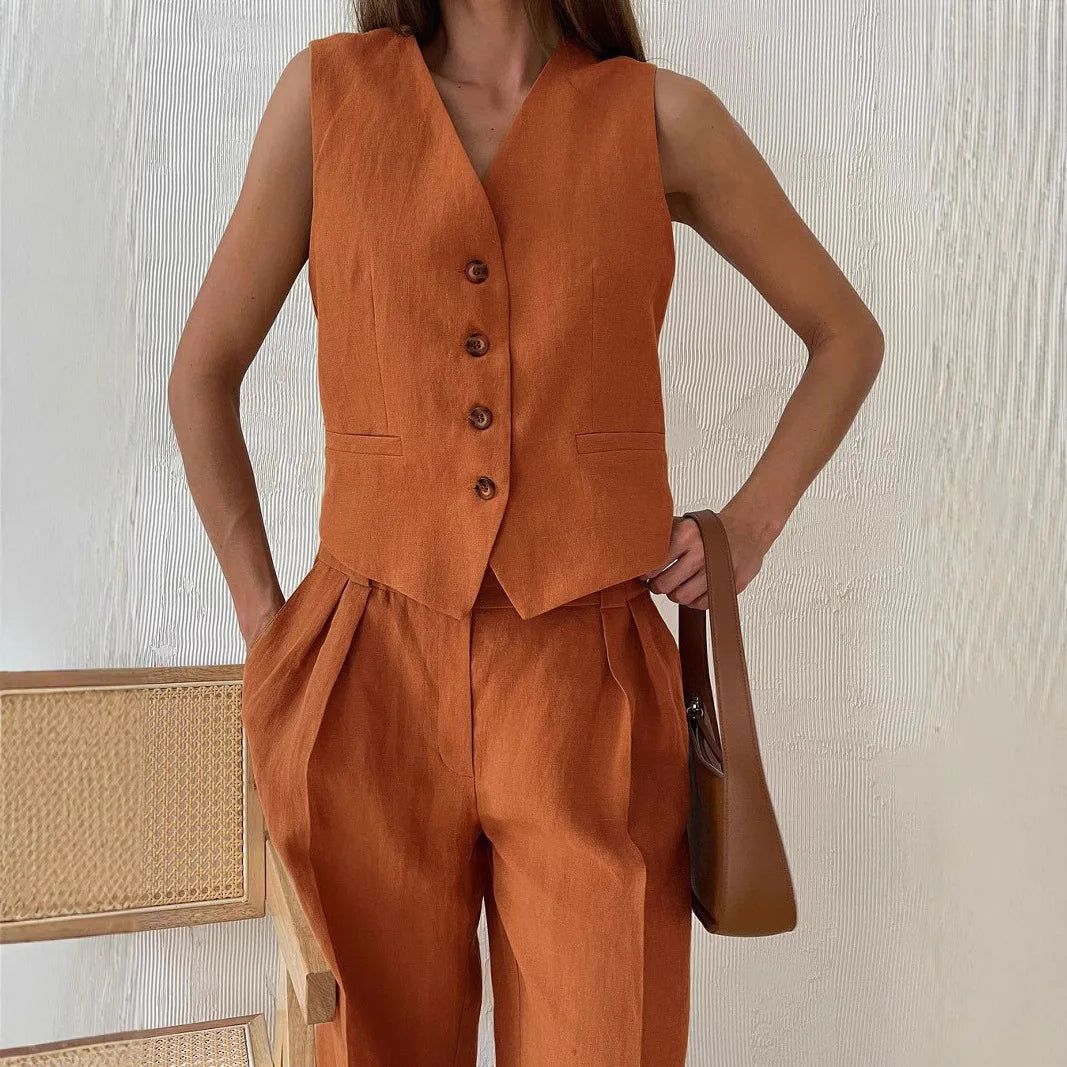 2025 New Women Linen Cotton Chic Vest ＆ Pants Suit Two-Piece Set Office Ladies Summer Chic 2 Piece Sets Women's Outfits