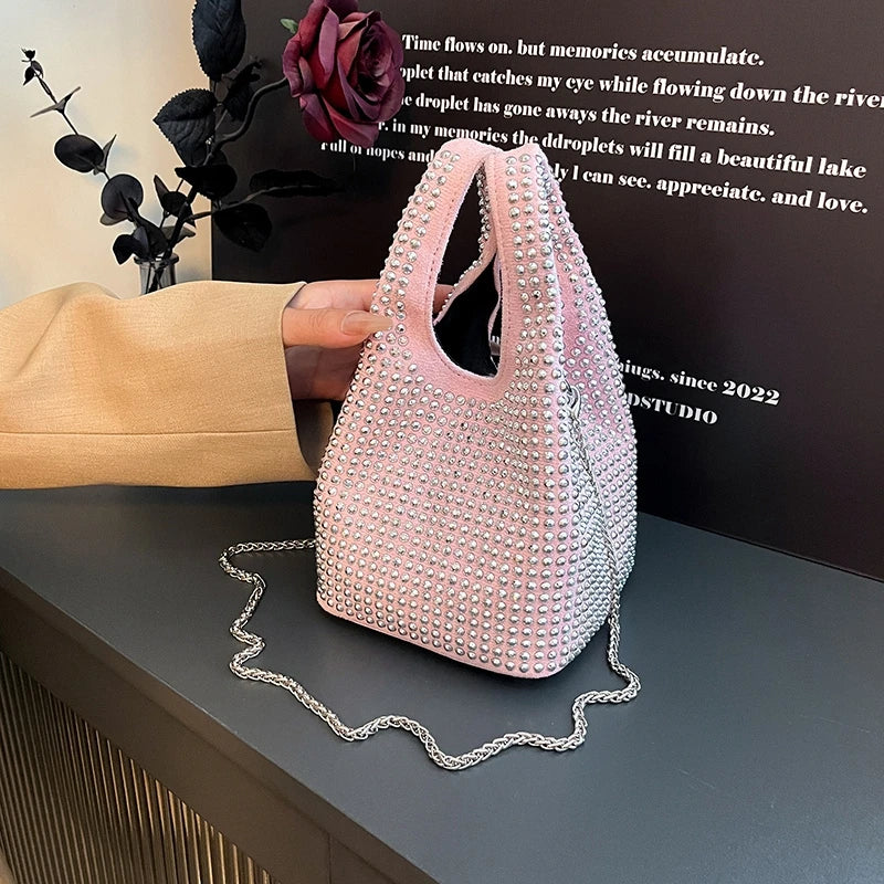 Rhinestones Evening Clutch Bag Silver Shiny Crystal Dinner Party Wedding Purse and Handbag Luxury Designer Bucket Crossbody Bag