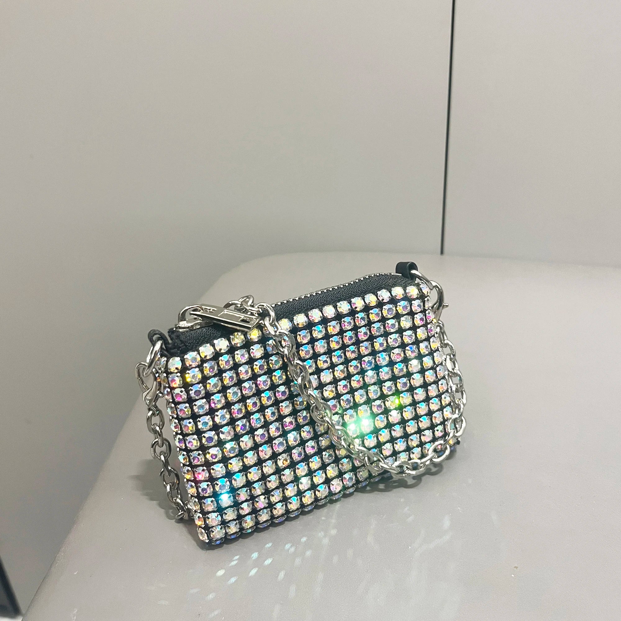 Mini Small Bag Shiny Rhinestone Coin Purse Short Chain Coin Bag Handle Small Card Bag Handle Woman's  purse Design handmade
