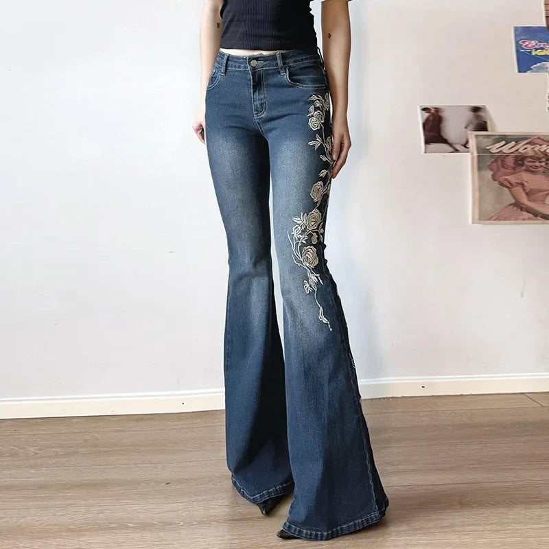 Jeans Flare Y2K Ricami Floreali – uGlam