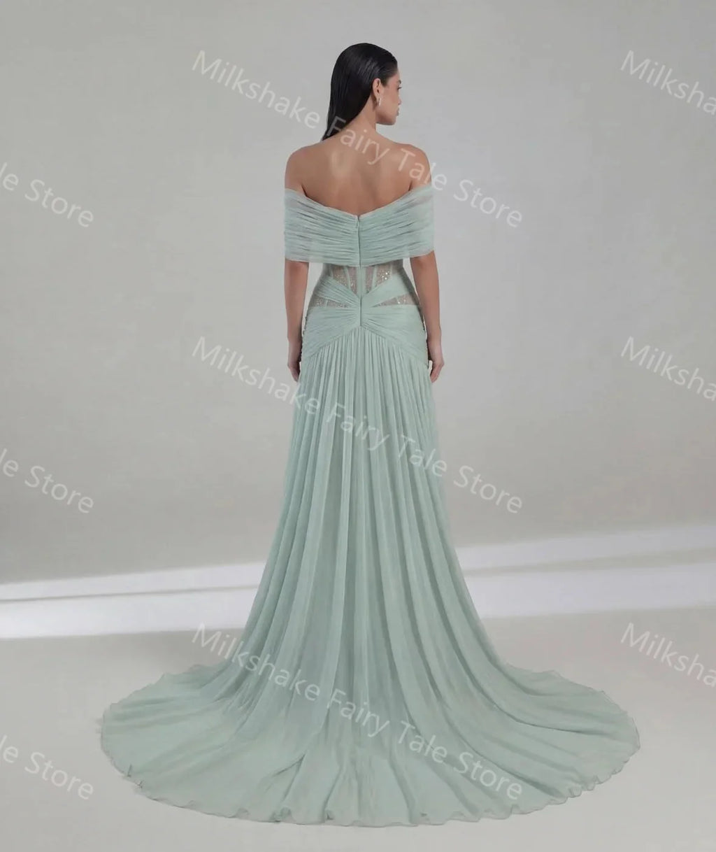 Sage Green A Line Evening Dresses Off Shoulder Lace Soft Chiffon Prom Gowns Floor Length Customized Special Occasion Gowns