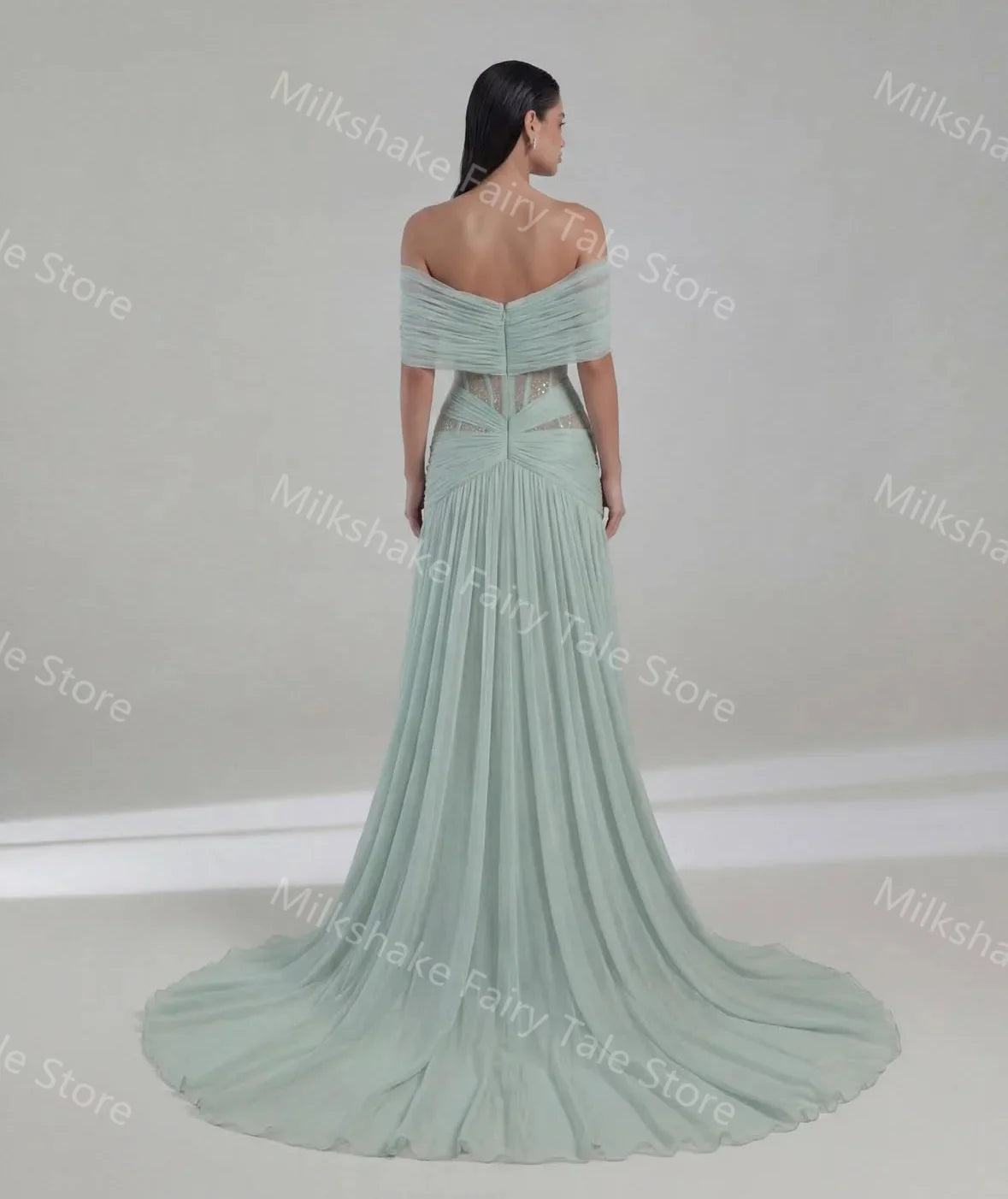 Sage Green A Line Evening Dresses Off Shoulder Lace Soft Chiffon Prom Gowns Floor Length Customized Special Occasion Gowns