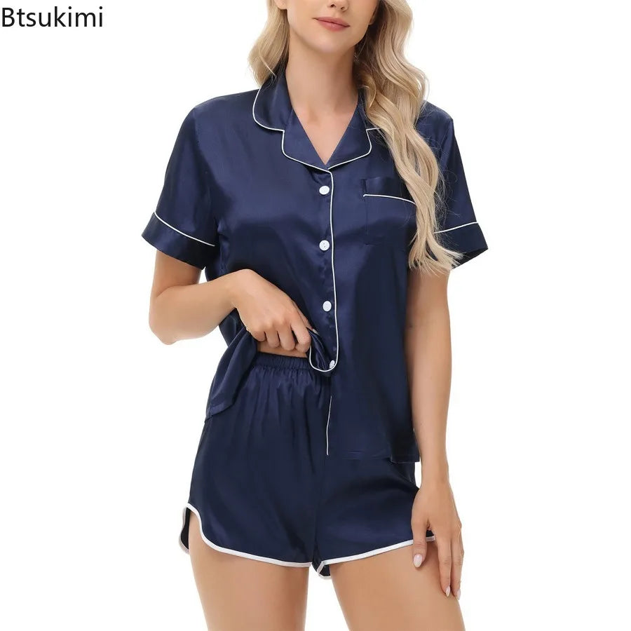 Women's Silk Satin Pajama Sets Two-piece Pj Sets Sleepwear Loungewear Button-Down Pajama Women 2PCS Pijama Homewear Shorts Set