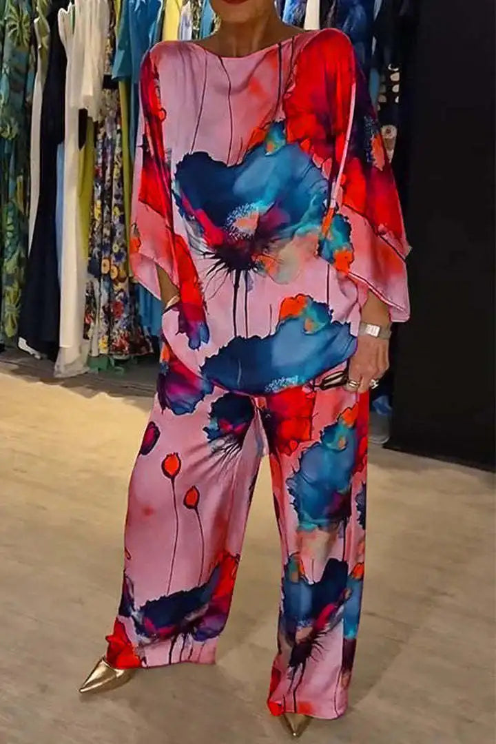 Completo Due Pezzi in Raso Donna – Maglia Stampata Maniche 3/4 e Pantaloni