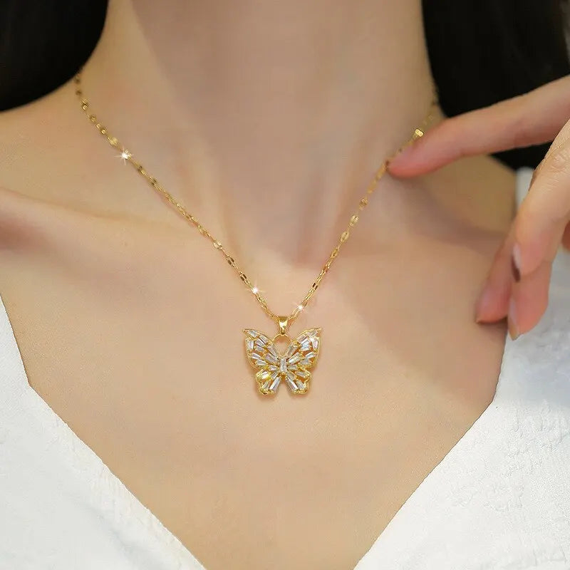 Fantastic Crystal Gold-Color Butterfly Necklace For Women Rhinestone Symmetrical Pendant Accessories Party Jewelry Gifts