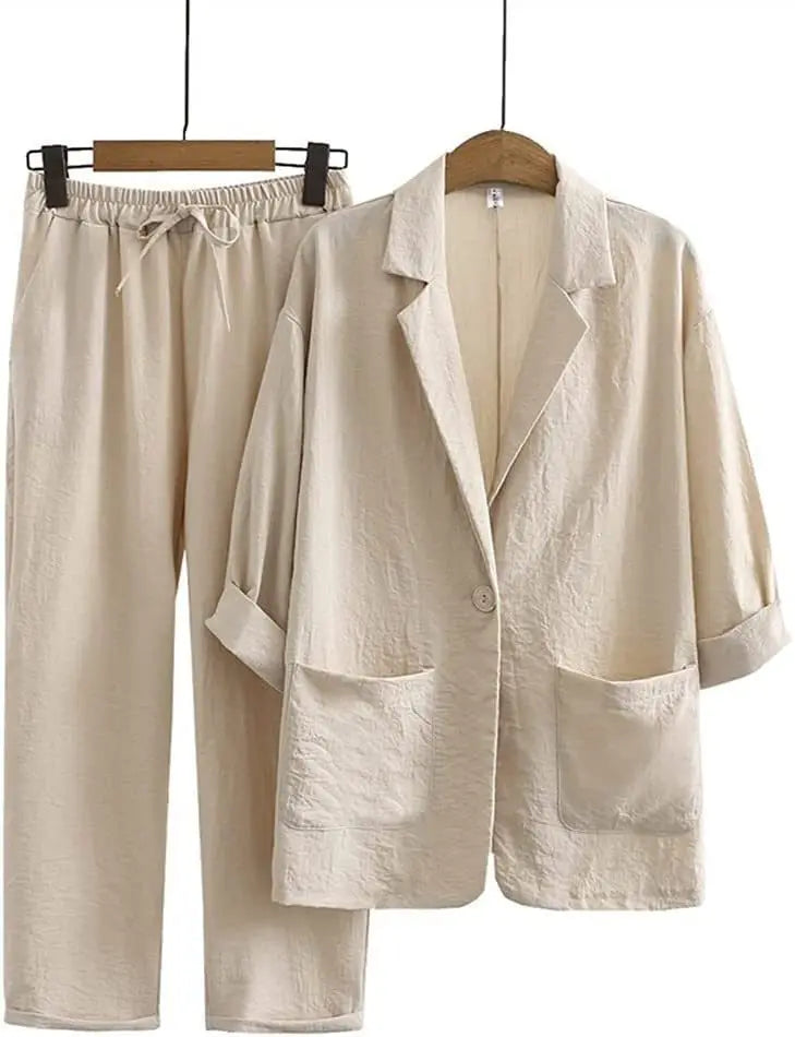Completo Due Pezzi in Lino Donna – Kimono Blusa e Pantaloni Casual Estivo