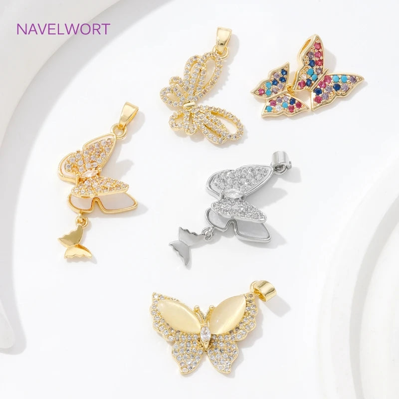 Trendy Inlaid Zircon Butterfly Pendants 18K Gold Plated Brass Butterfly Charms Pendants For DIY Necklace Making Accessories