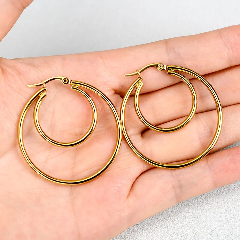 Oversize Statement Gold Plated Hoop Earring Simple Double Circle Stainless Steel Earrings for Women Men Punk Hiphop Jewelry Gift