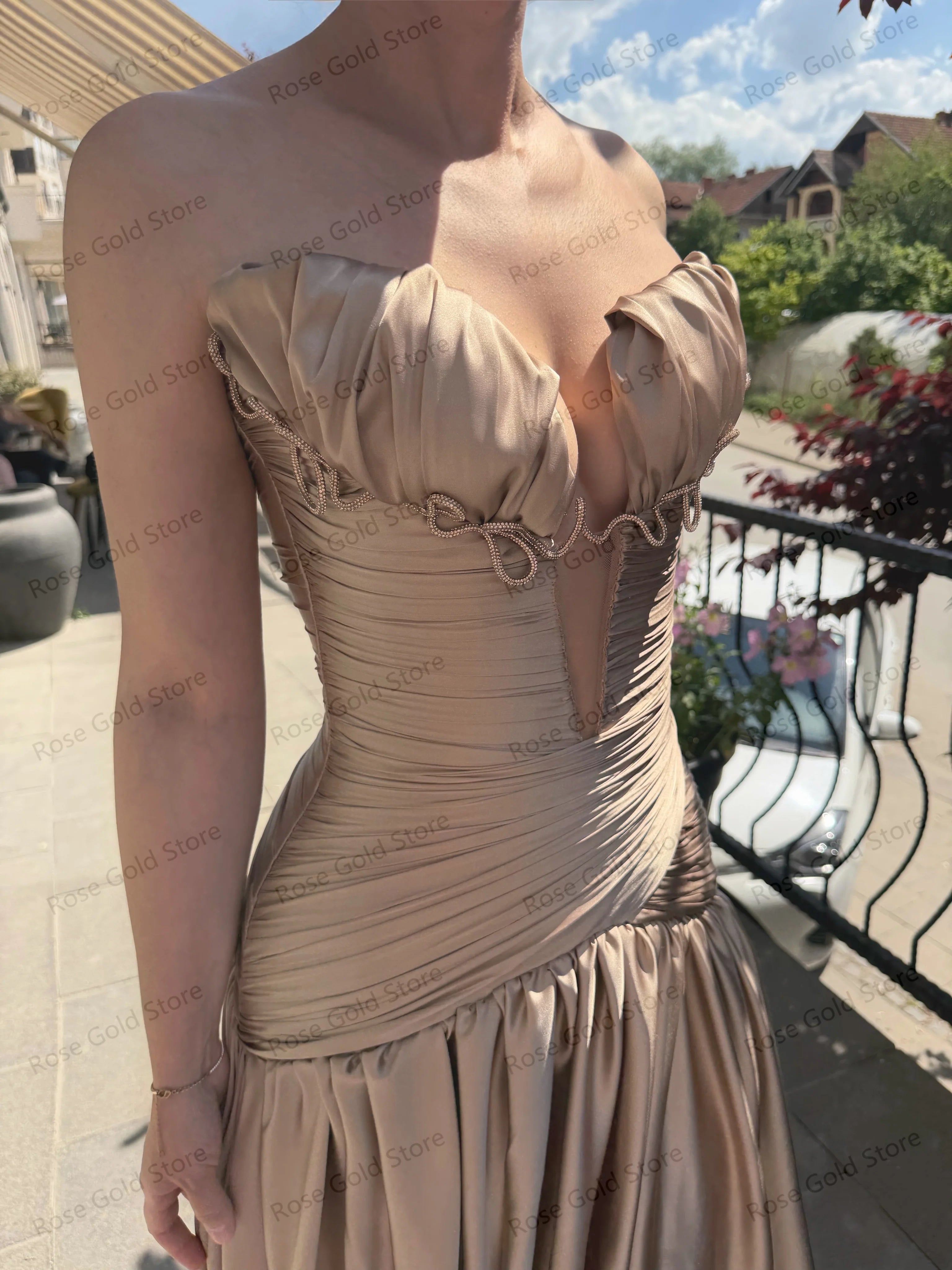 Champagne Evening Dresses Sweetheart Neck Elegant Party Dress Satin Floor Length Prom Gown Exquisite Vestidos Customized