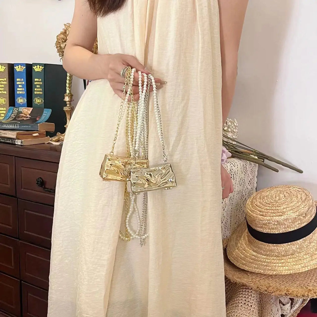 Metal Mini Bag for Women 2024 New Fashion Ice Crack Pearl Chain Mouth Red Bag Designer Shoulder Bag