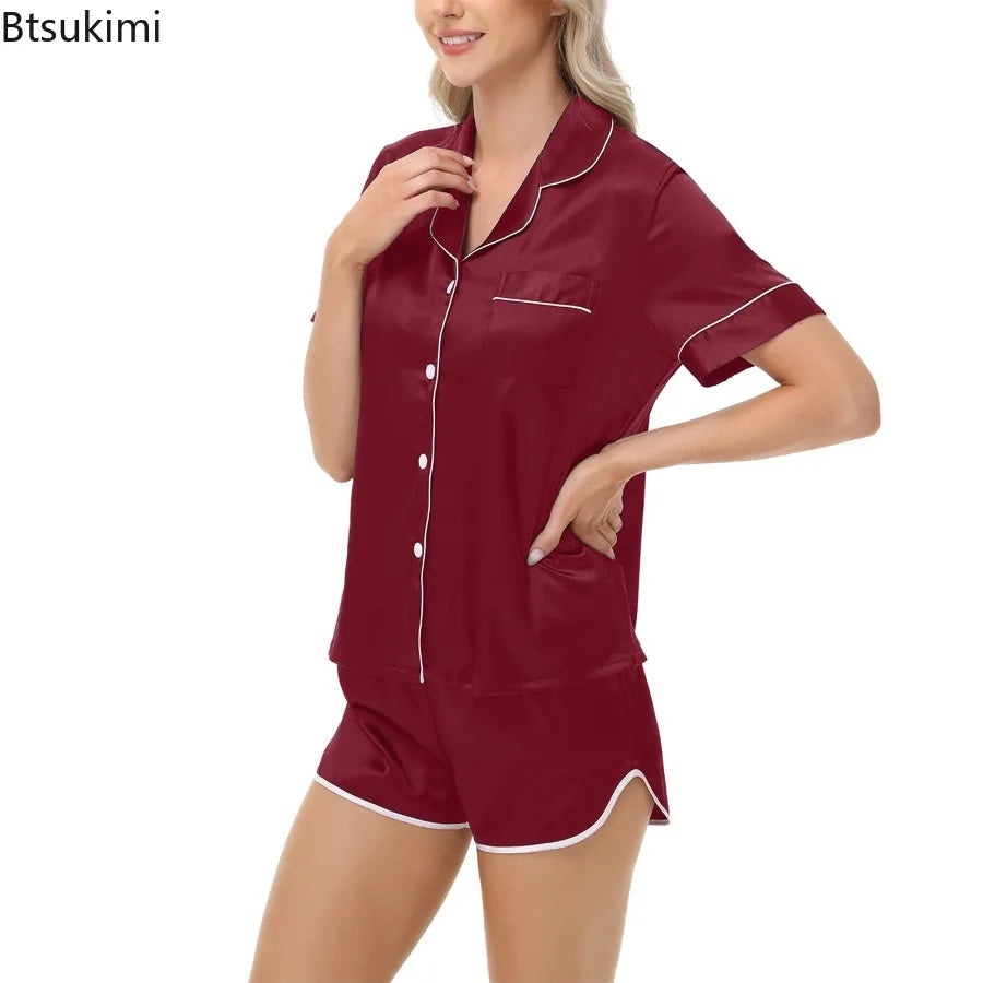 Women's Silk Satin Pajama Sets Two-piece Pj Sets Sleepwear Loungewear Button-Down Pajama Women 2PCS Pijama Homewear Shorts Set